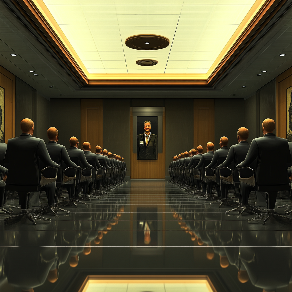 Executives in boring grey suits wait in boardroom.