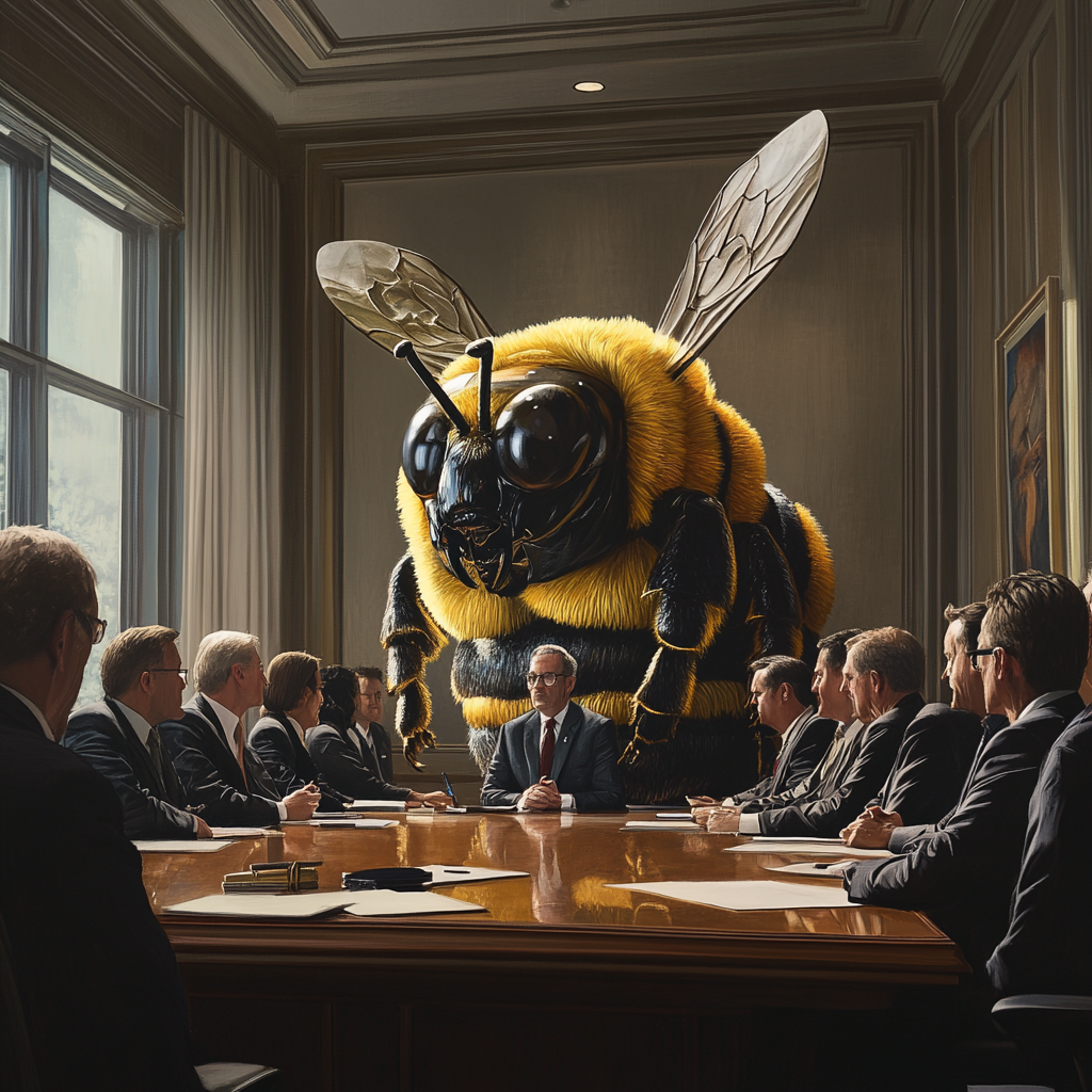 Executives listening to man in bee costume