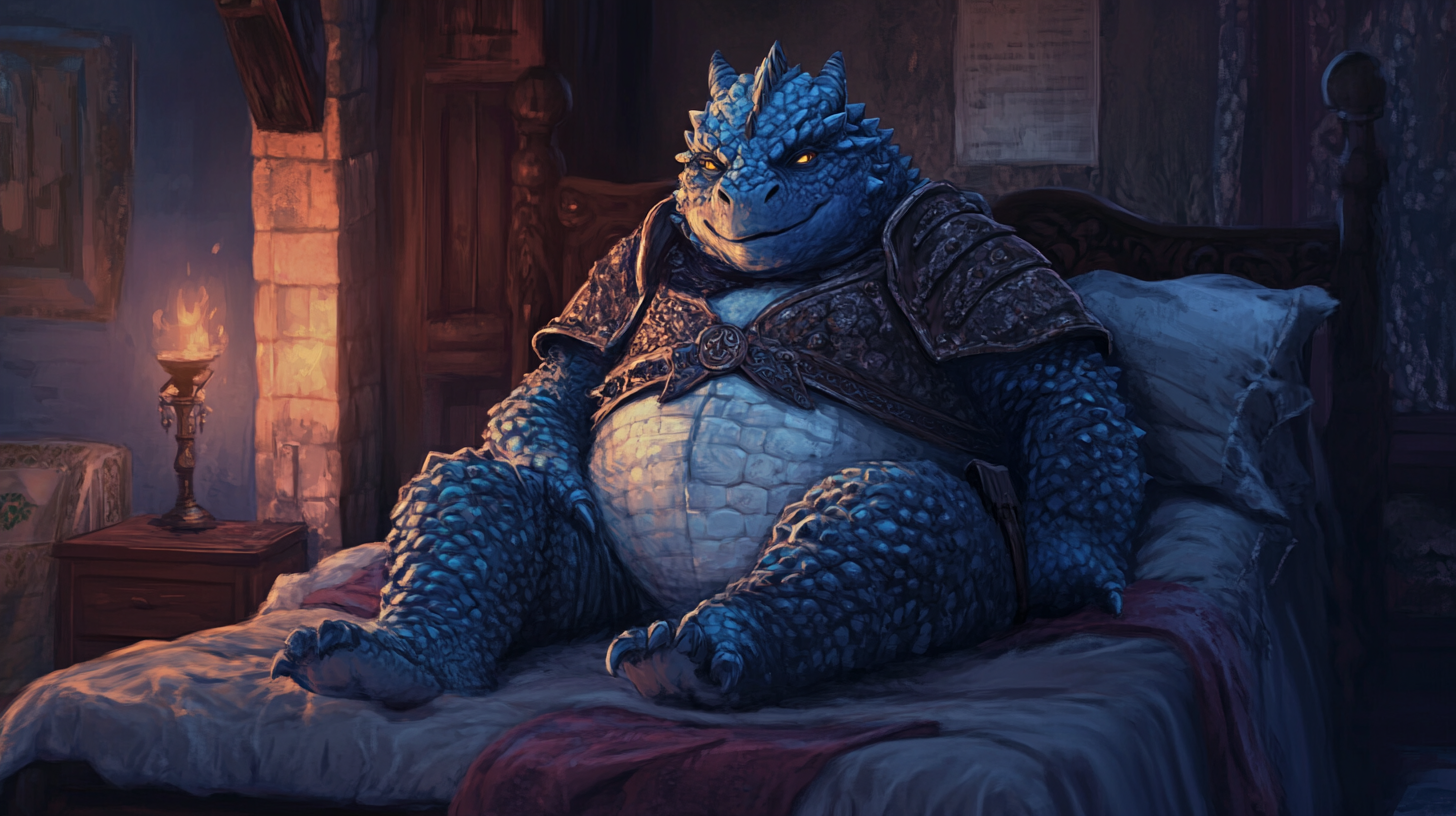 Exhausted Blue Dragonborn at a Medieval Inn