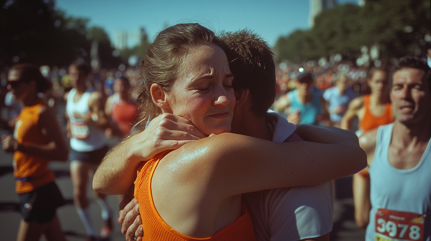 Exhausted Female Marathoner Embraced by Husband Post-race