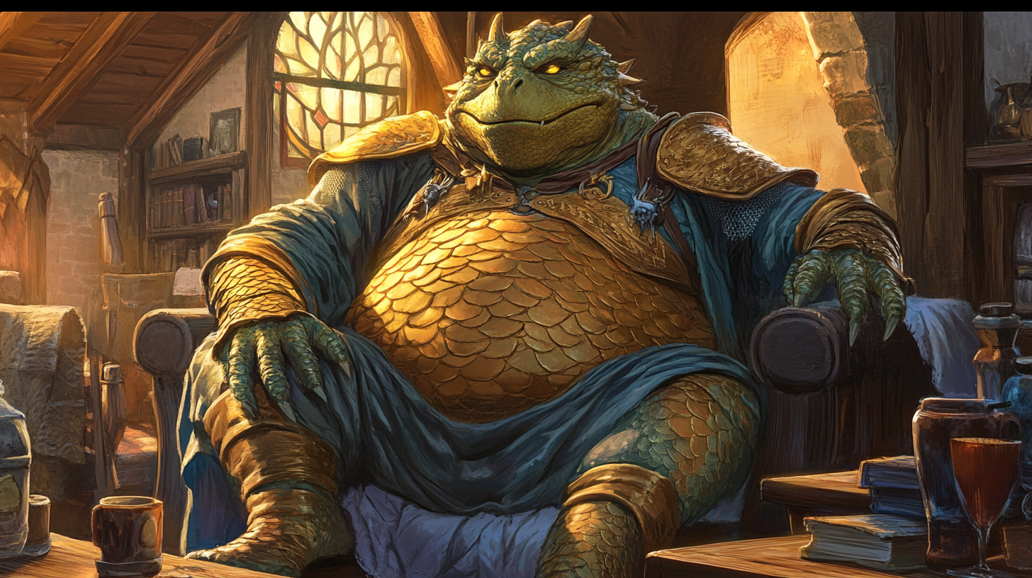 Exhausted Obese Dragonborn Rests in a Medieval Inn