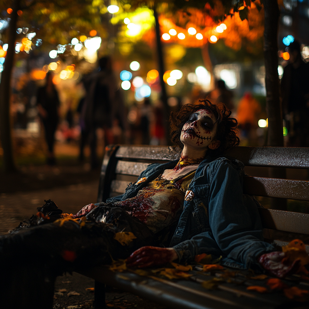 Exhausted Woman in Zombie Costume at Park Festival