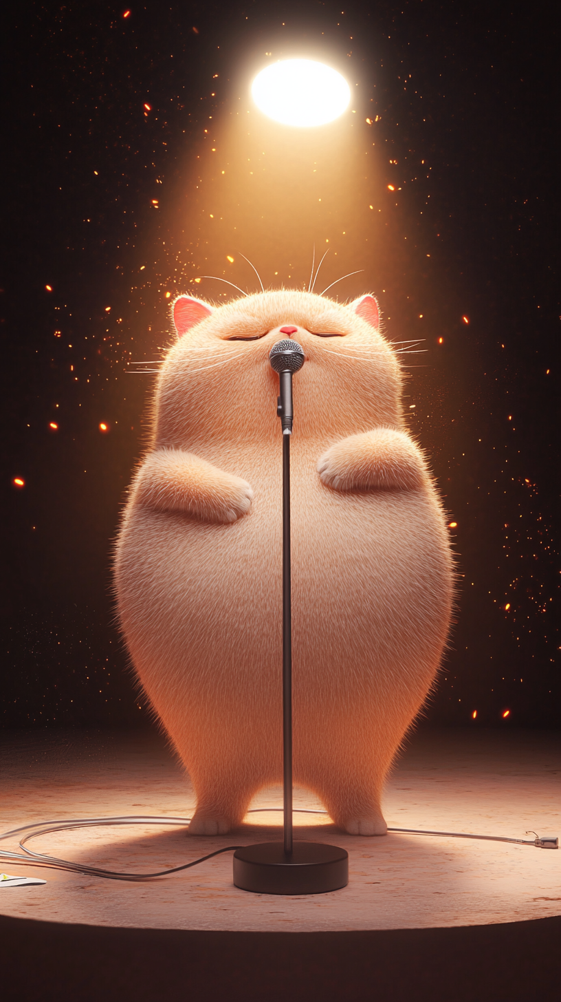 Exhausted chubby cat singing on small stage with microphone.