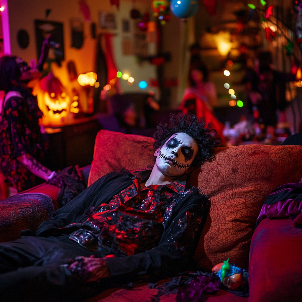 Exhausted man in vampire costume at Halloween party