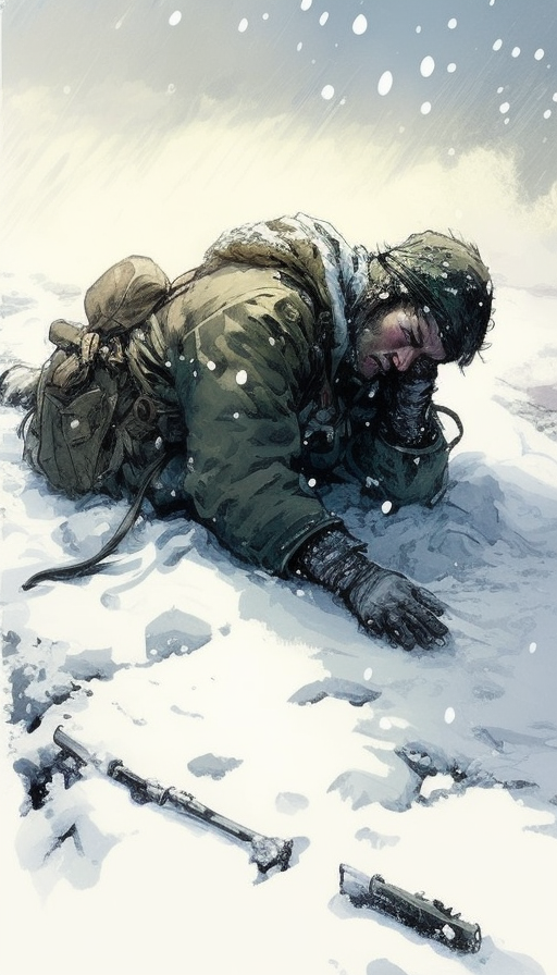 Exhausted soldiers in snow-covered battlefield with frozen weapons.