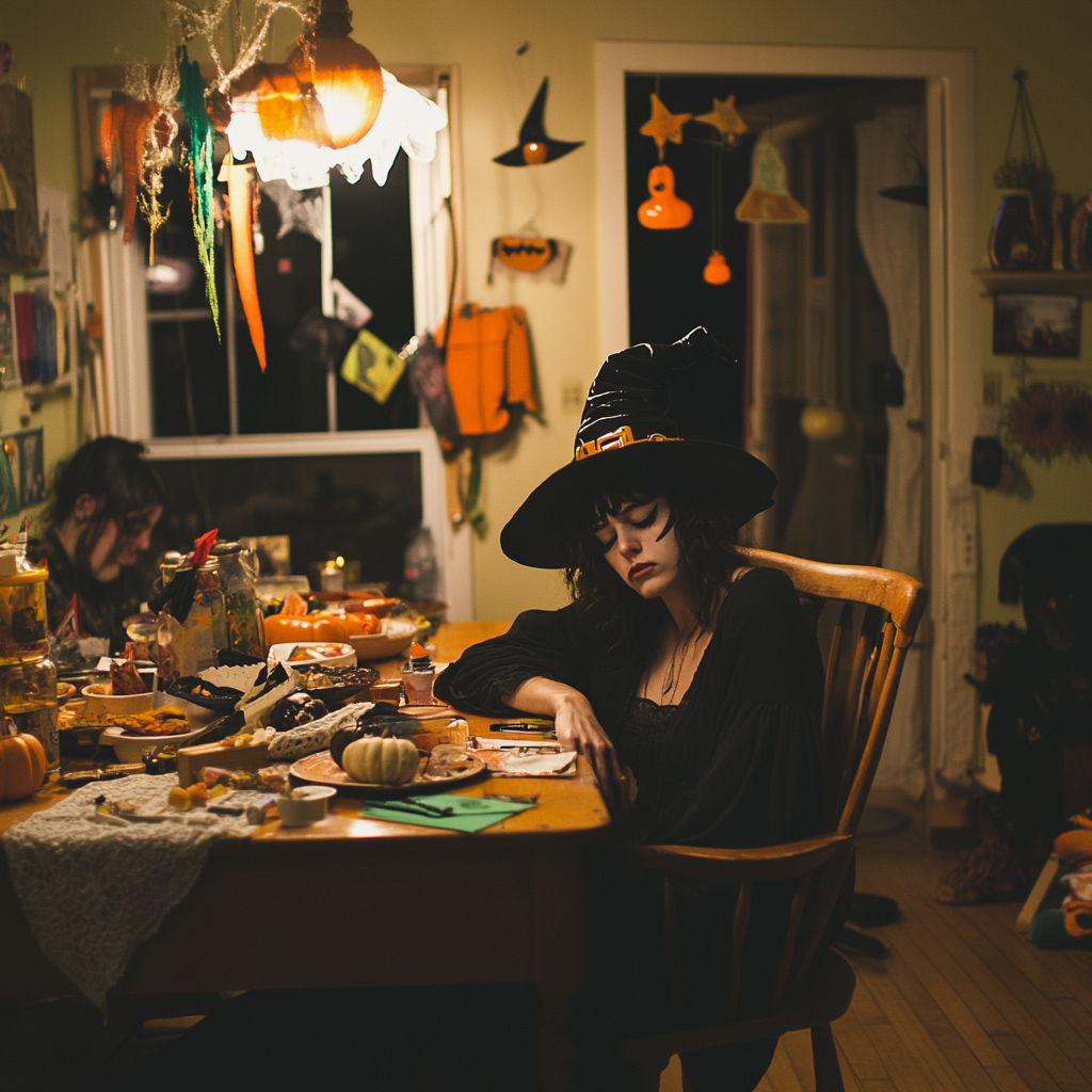 Exhausted woman in witch costume at Halloween party