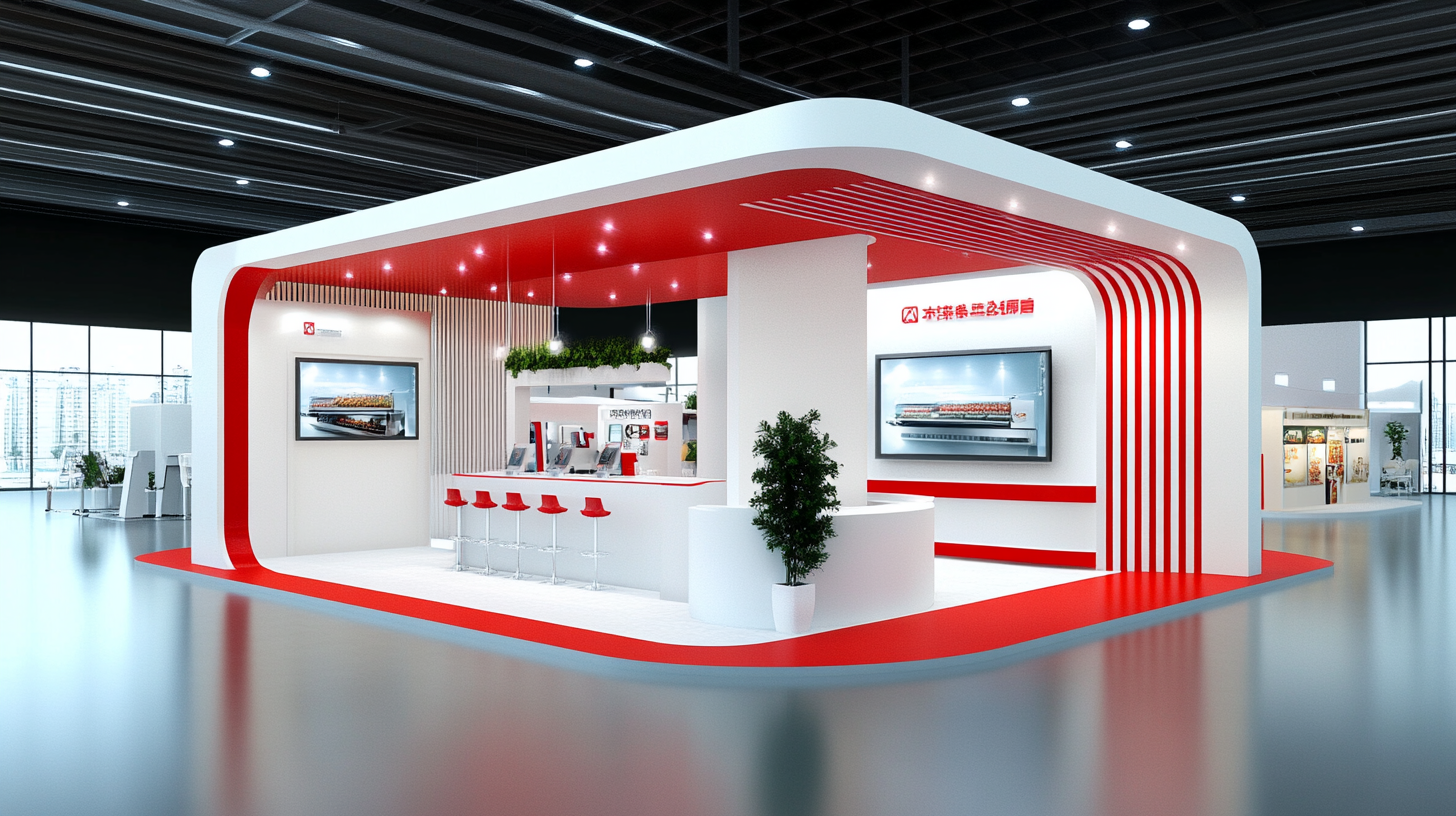 Exhibition booth design in red and white, modern, luxurious.