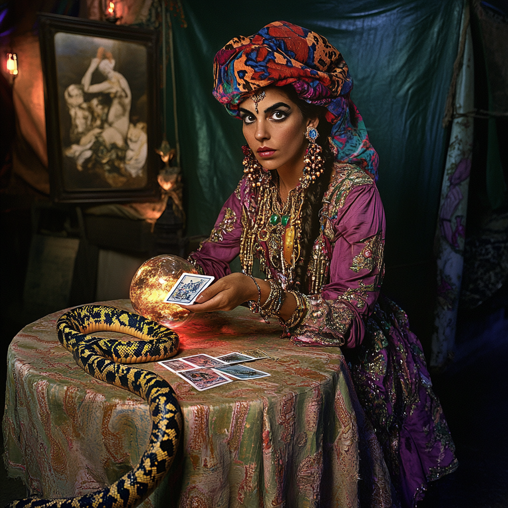 Exotic Romani fortune teller with vivid snake and art.