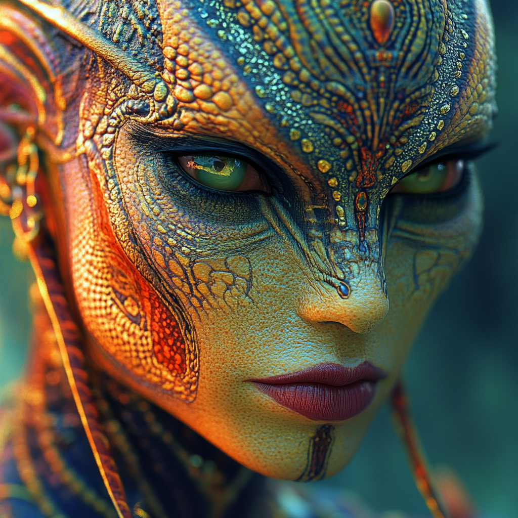 Exotic alien with tribal jewelry, vivid skin tones portrait.