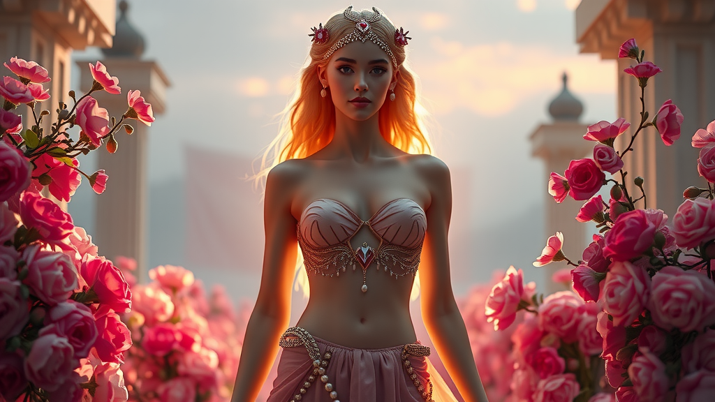 Expanded Full Body Image of Aphrodite Standing Surrounded by Flowers and Pearls