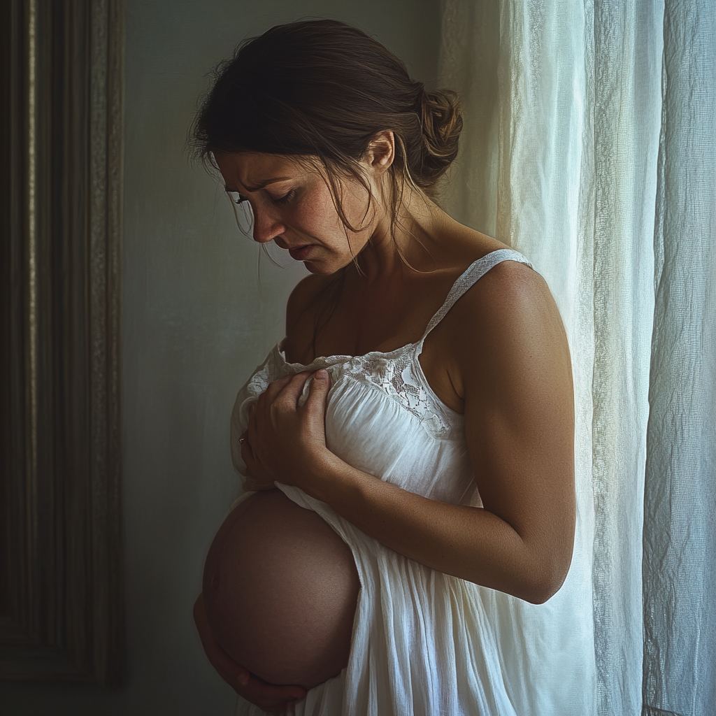 Expectant mother with painful stomach contraction in white dress.