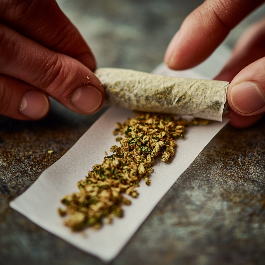 Expertly rolling cannabis joint with finely ground marijuana.