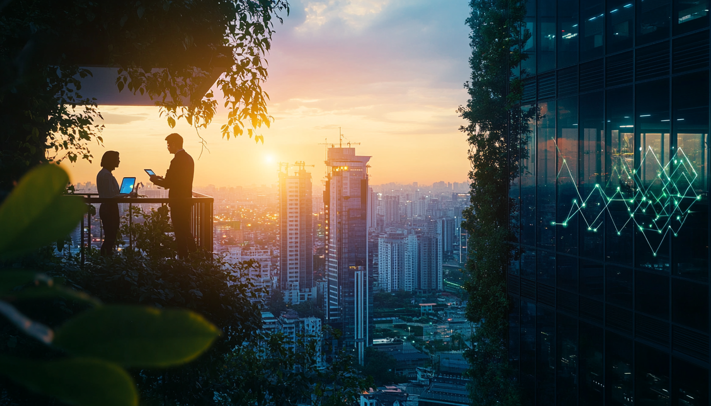 Experts analyzing energy reduction graph on beautiful city view.