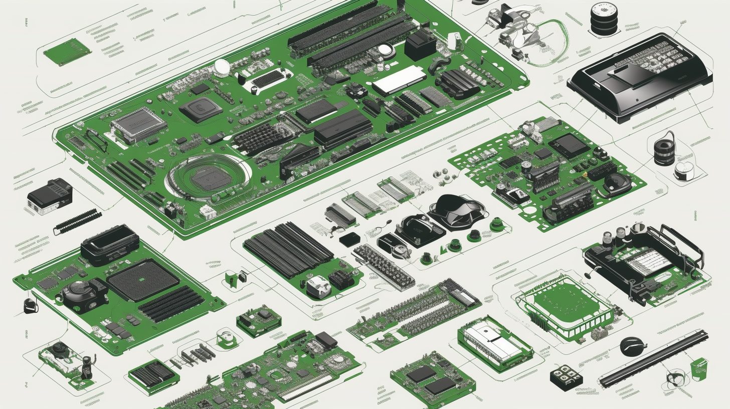 Exploded view of electronic device components with details.