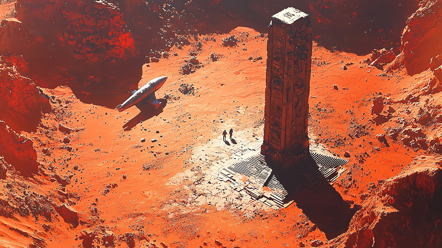 Exploration on Mars: solitary cosmonaut studies mysterious pillar.