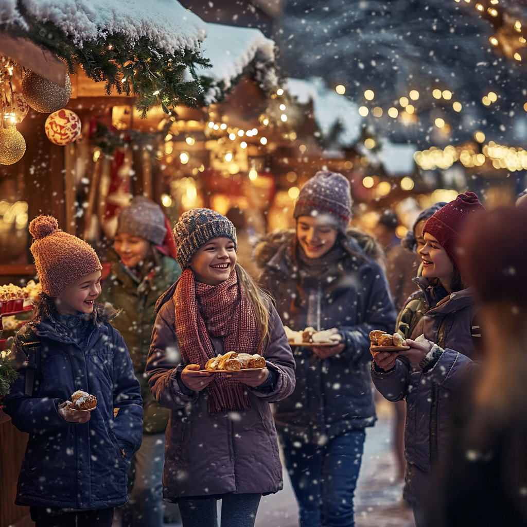 Exploring Christmas market: students enjoy winter fun.