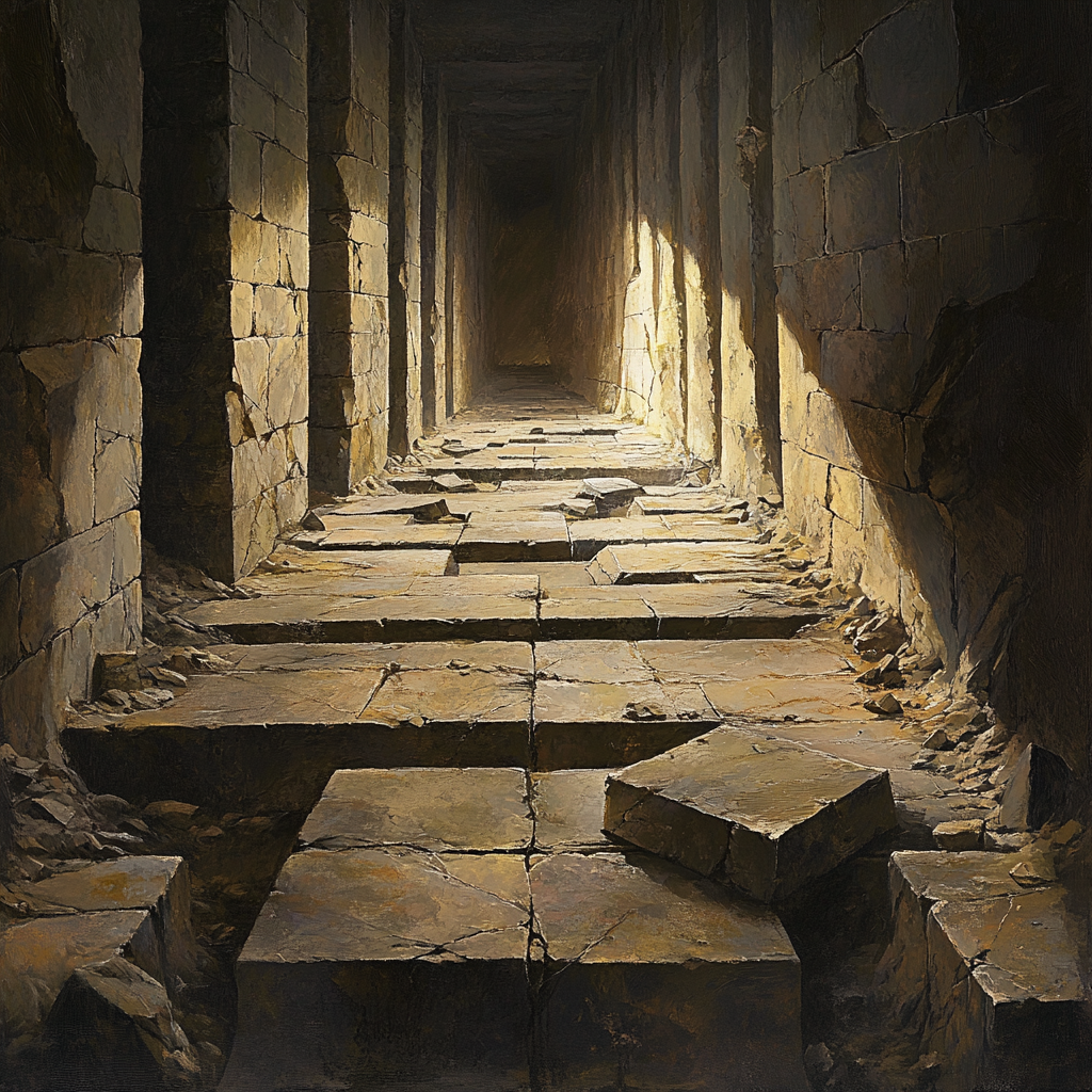 Exploring Egyptian-Style Labyrinth Tunnel with Jagged Stones