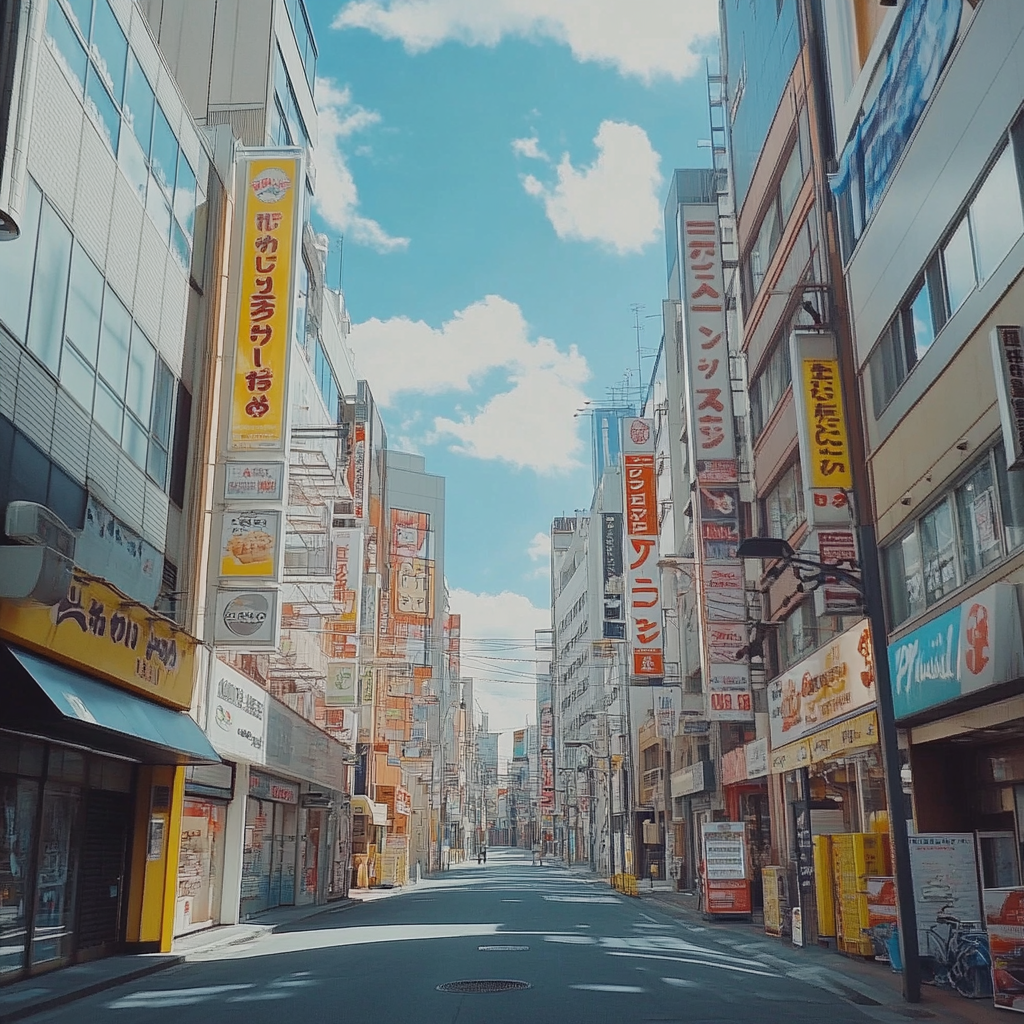 Exploring a Sunny Japanese Shopping Area from Ground View.