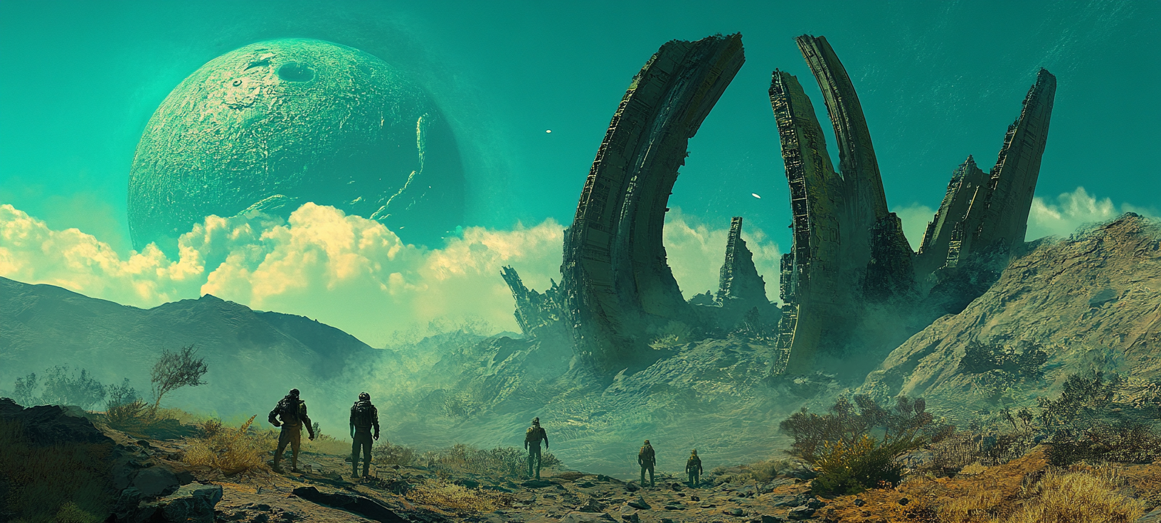 Exploring alien ruins on rugged greenish blue planet.