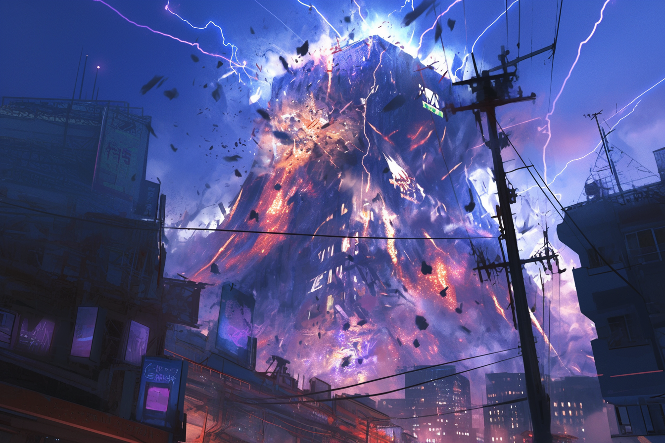 Explosive building destruction in dark town during thunderstorm.