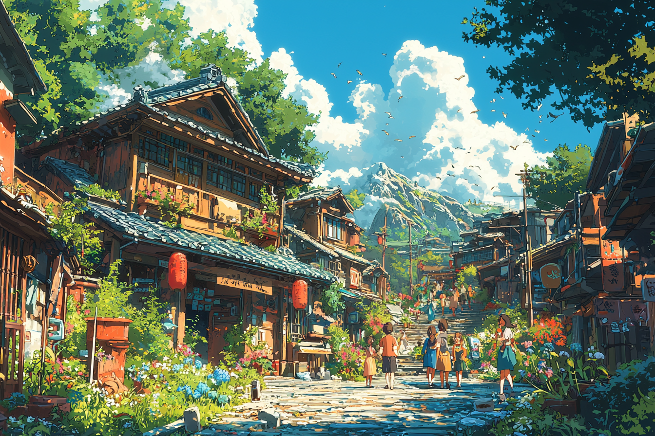 Expressive anime school-building scene with vibrant, detailed colors.