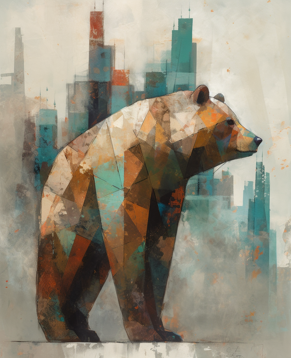 Expressive bear painting in minimalistic style with cityscape background.