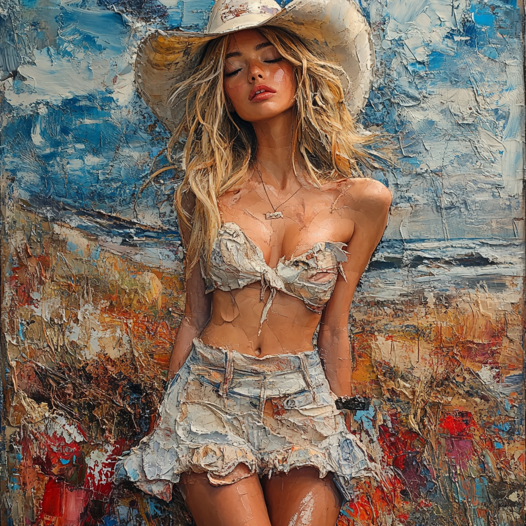 Expressive country girl in mini dress and cowboy boots.