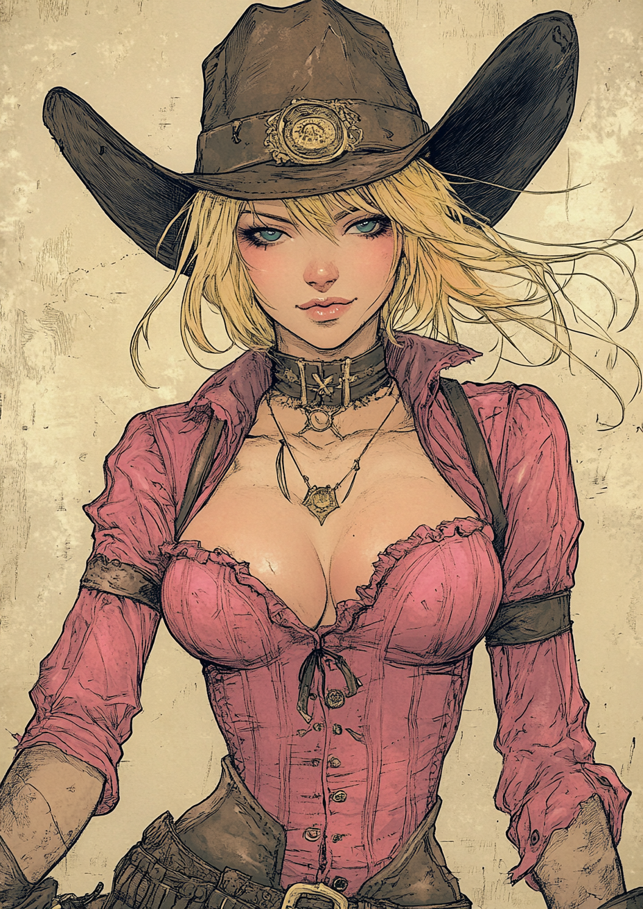 Expressive goth cowgirl with blonde hair and pink outfit.