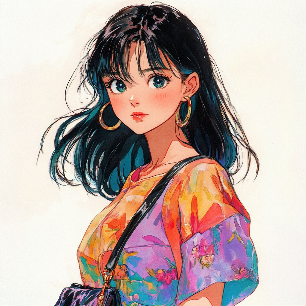 Expressive watercolor portrait of charming 1990s anime girl.