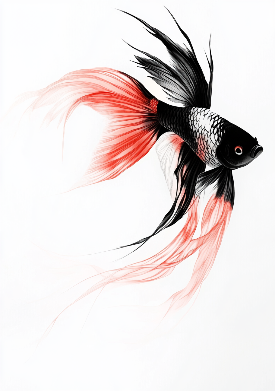 Exquisite Chinese Koi Painting in Black and Red