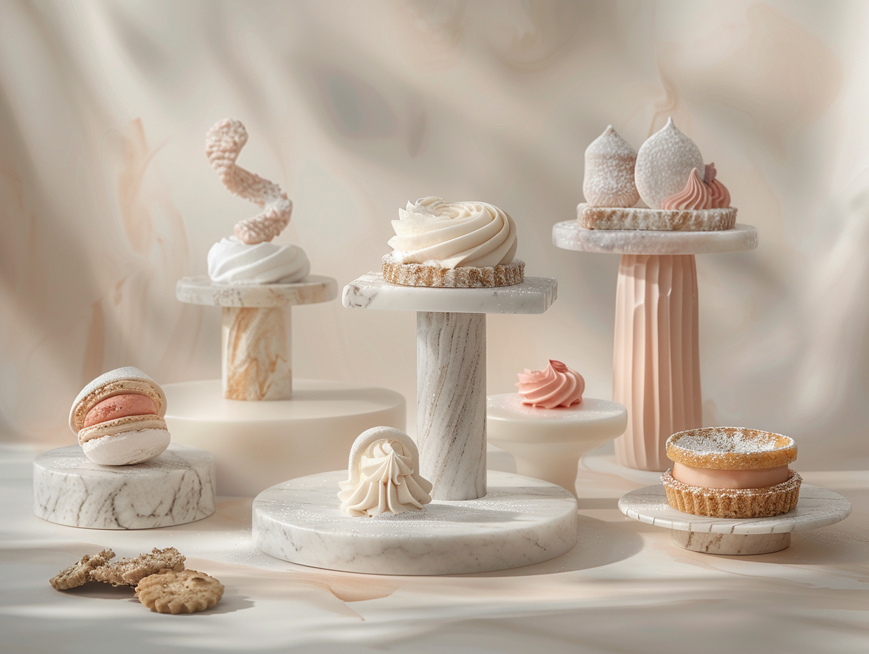 Exquisite Desserts Displayed on Marble Stands