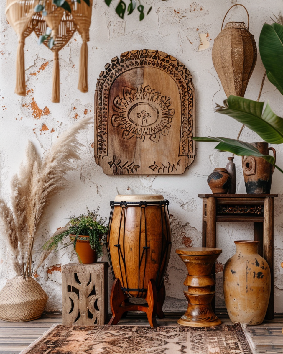 Exquisite Holz Conga in Retro Boho Umgebung