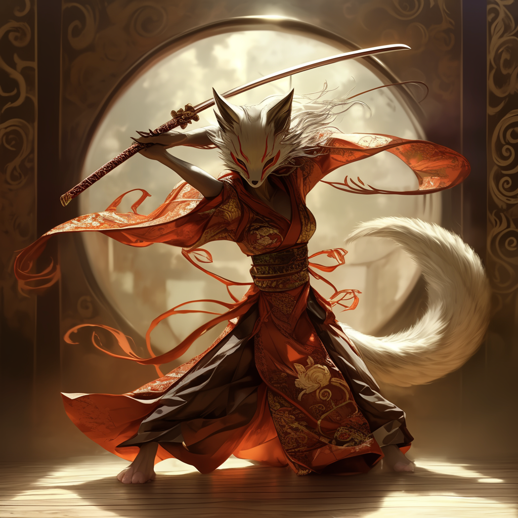 Exquisite Kitsune female in silk with katana, dynamic pose.