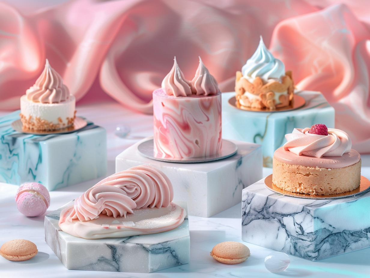 Desserts on marble stands in pastel background.