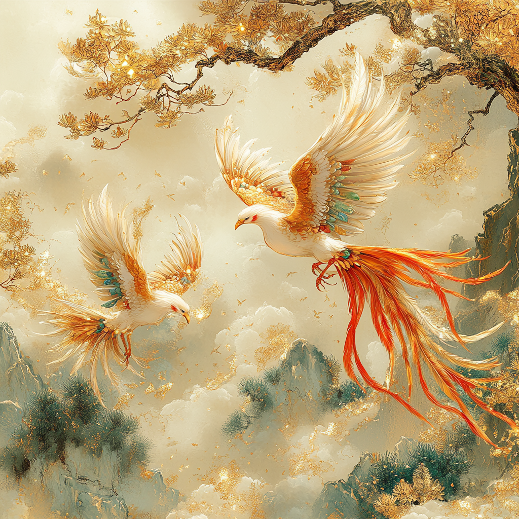 Exquisite phoenix designs flying with delicate feathers and ribbons.