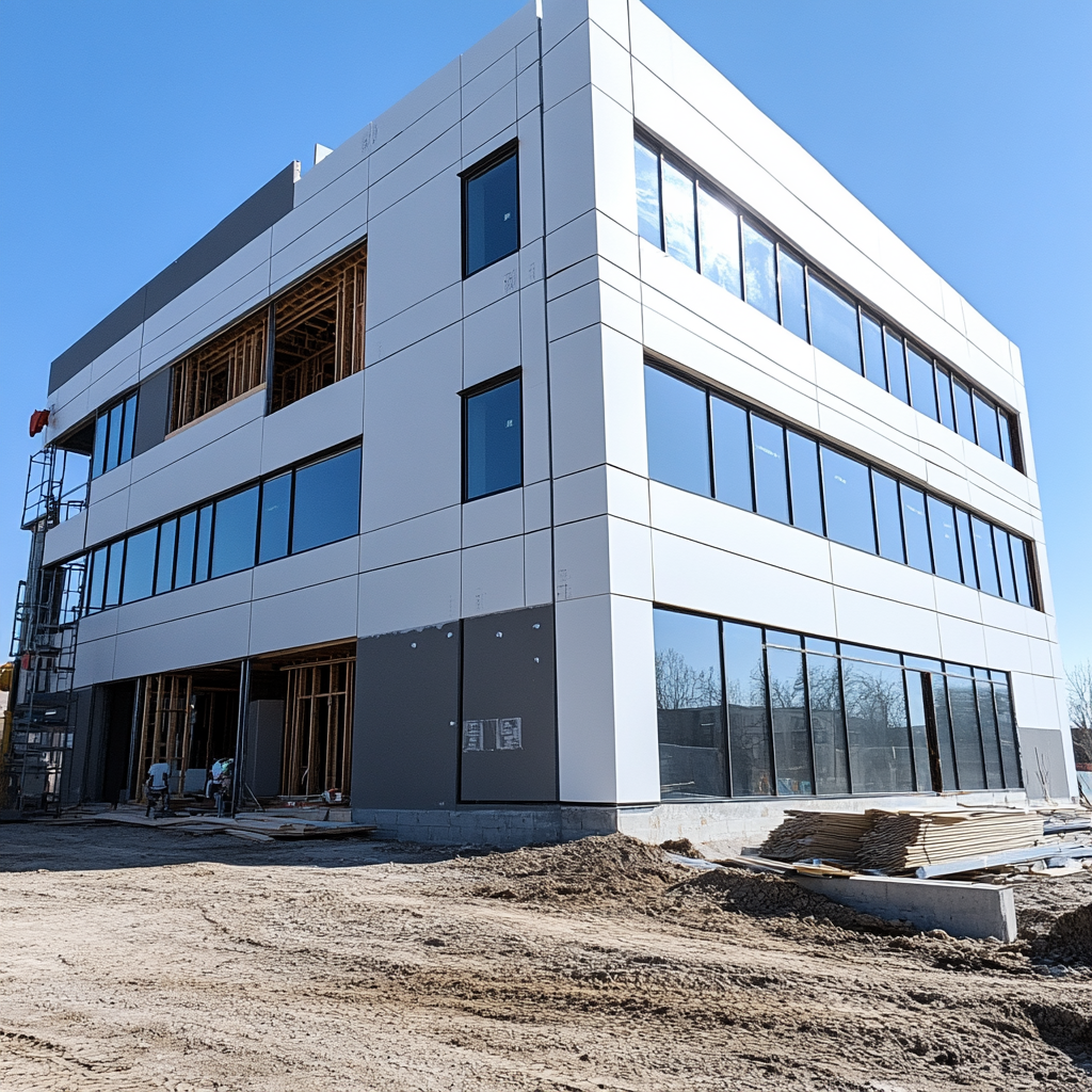 Exterior finishing work required on near-complete building site.