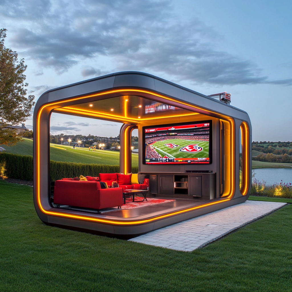 Extra large modern camper pods with sports themed interior.