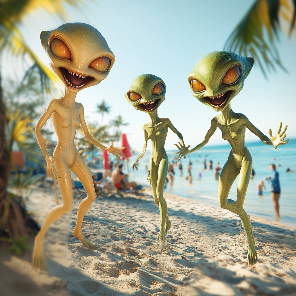 Extraterrestrial beings play together at realistic beach