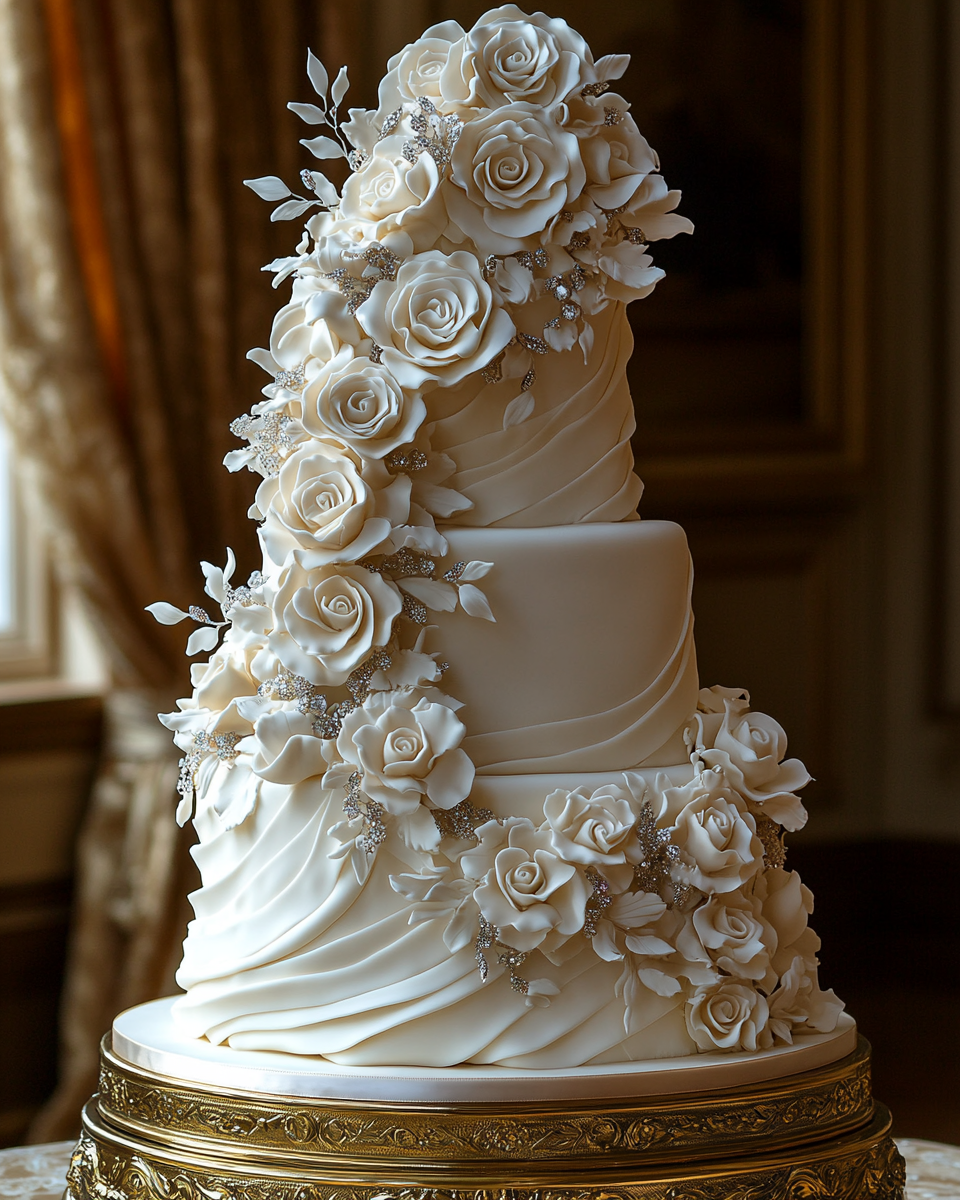 Extravagant, tall royal wedding cake on golden stand