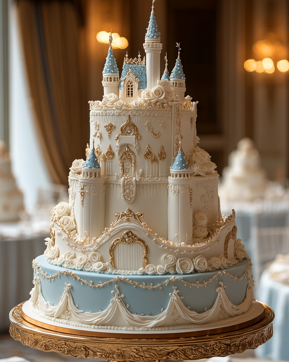 Extravagant Cinderella Wedding Cake on Gold Stand