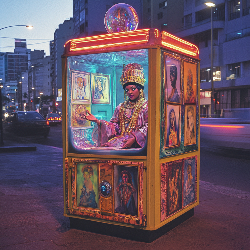 Extravagant fortune teller in neon-lit machine with art cards.