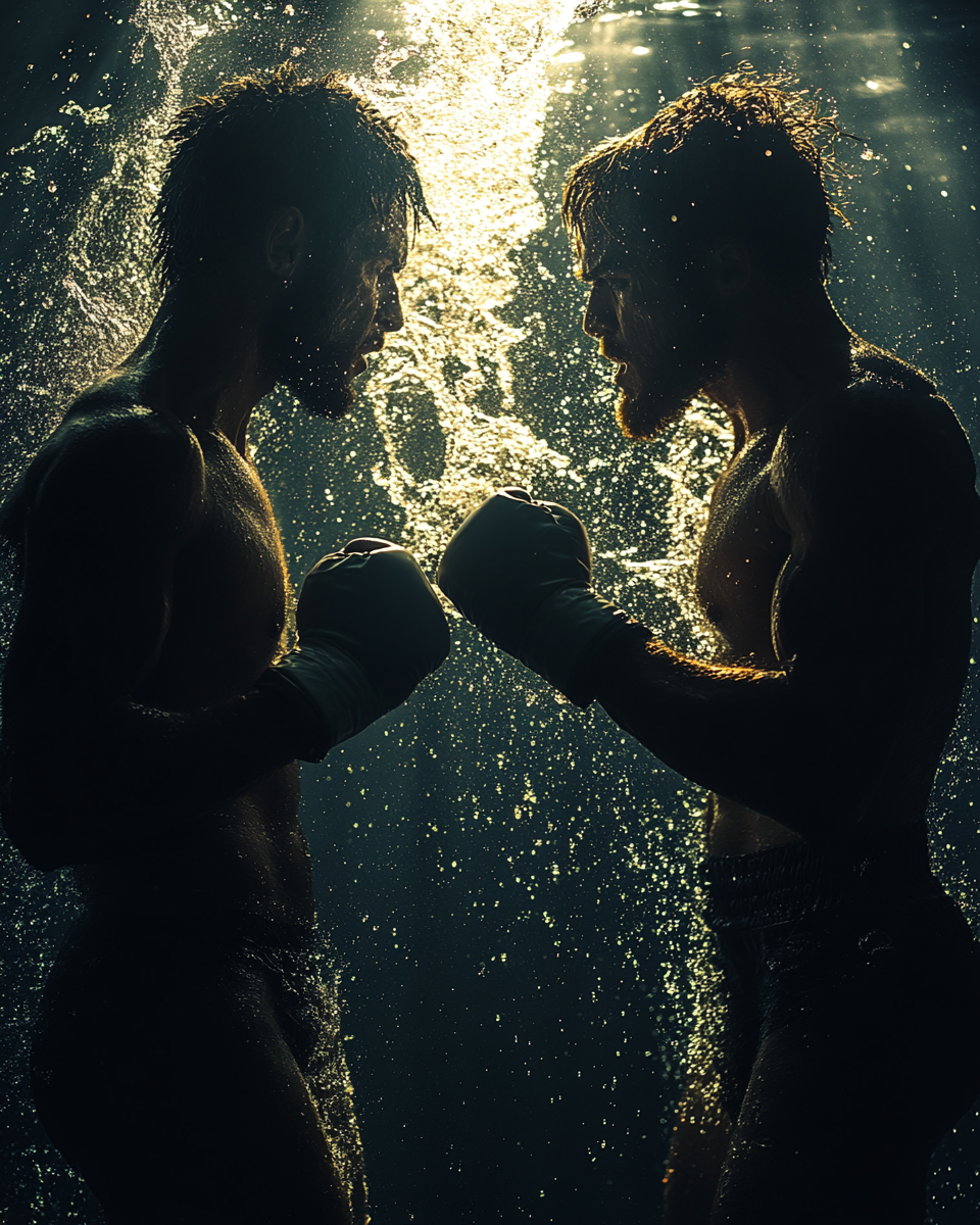 Extreme close-up of two people fighting, punches flying.