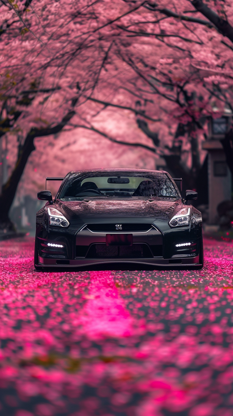 Eye-Catching Black Nissan GTR R35 Custom Widebody on Pink Sakura Tree Road in Japan