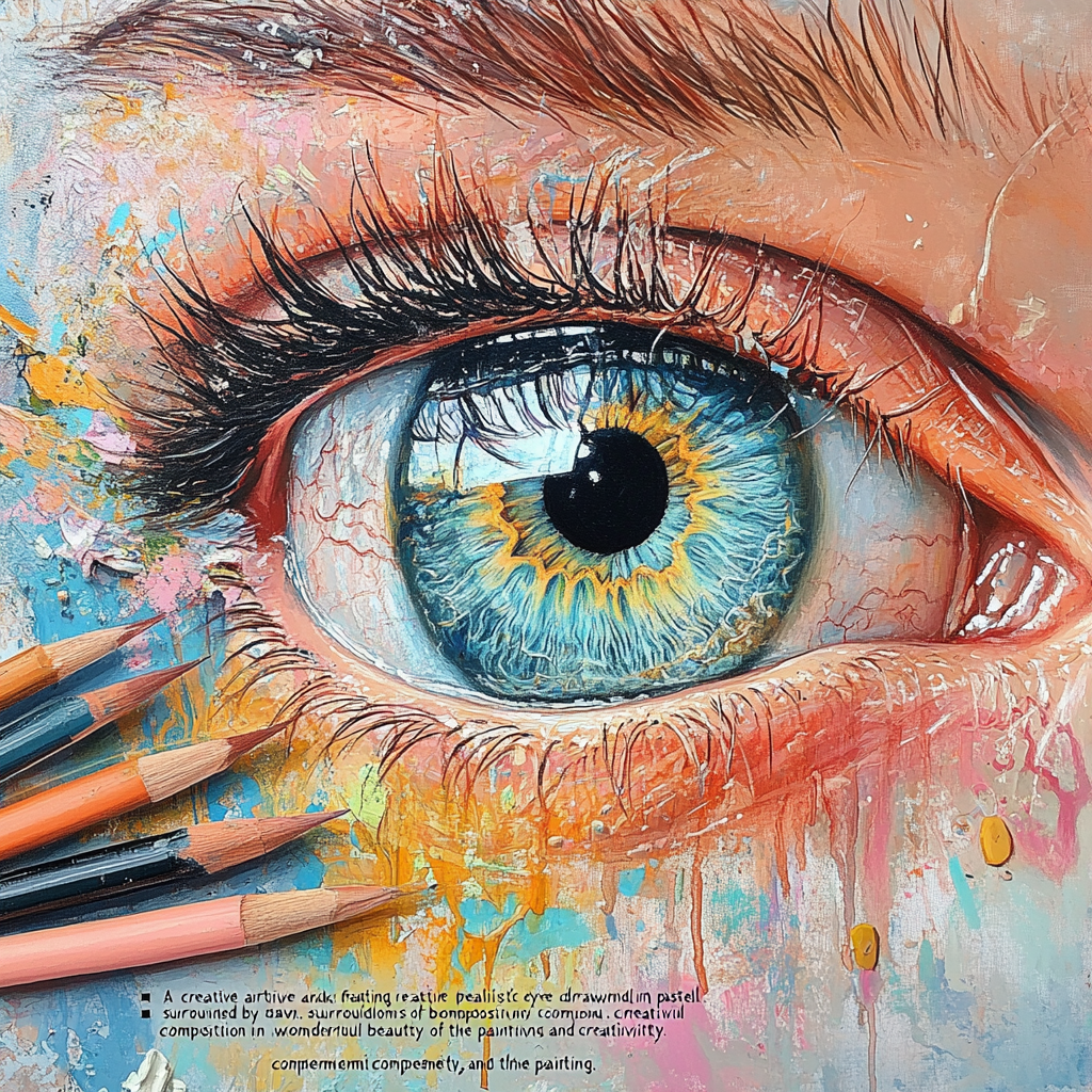 Eye in pastel colors surrounded by beauty and creativity.