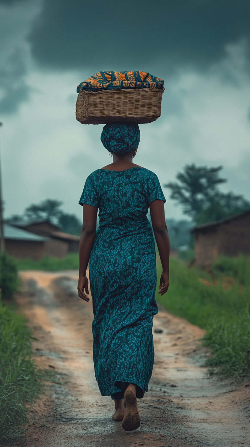 Ezinne, Nigerian midwife, 54, in blue uniform, braided hair.