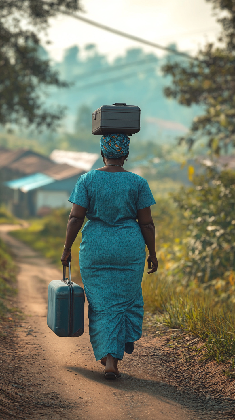 Ezinne, Nigerian midwife, aged 54, walking with luggage.