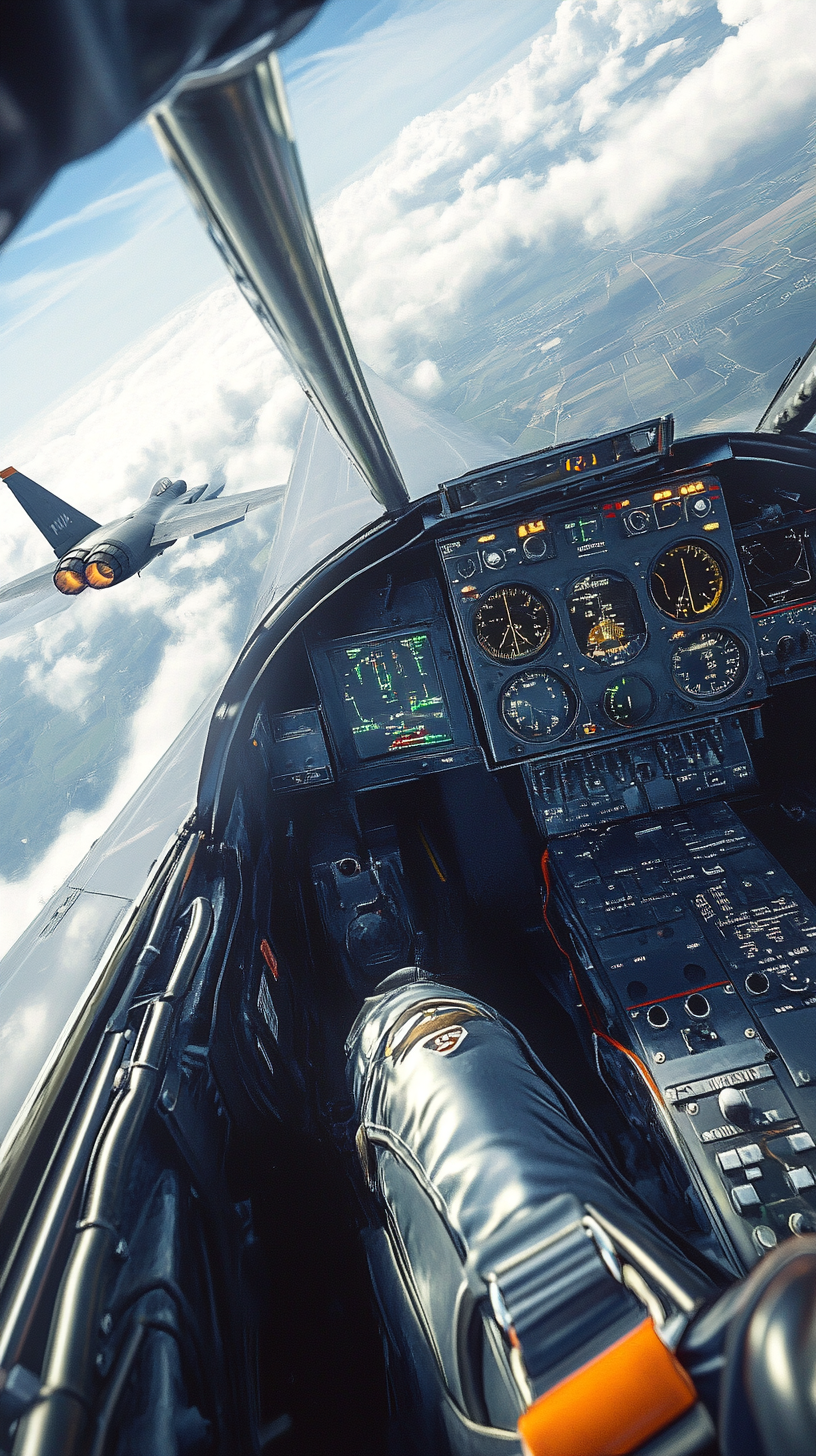 F-15 Eagle cockpit, pilot scanning skies, confusion, urgency.