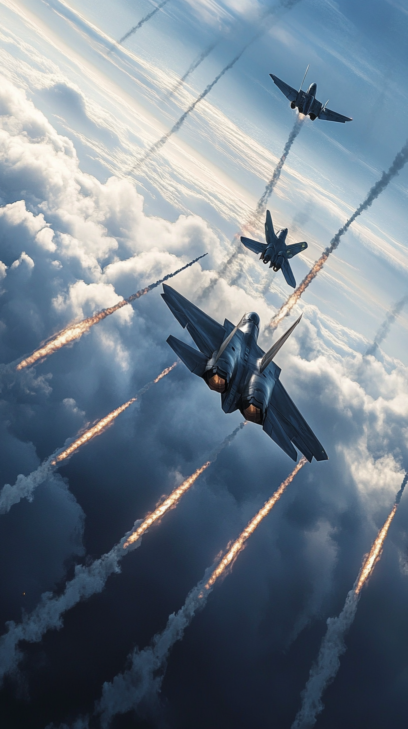 F-22 dominates sky, F-15s struggle, surreal, hyper-realistic.