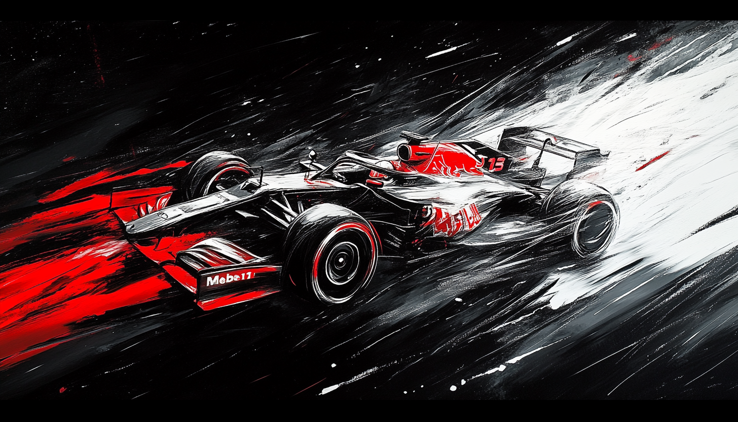 F1 car zooming across with black background art.