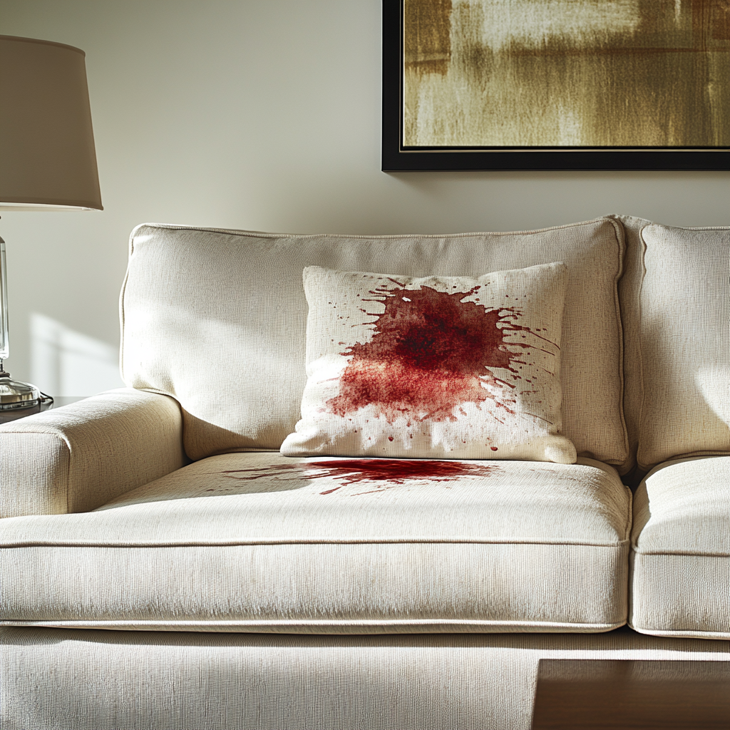 Fabric couch with red wine stain in spotless room.